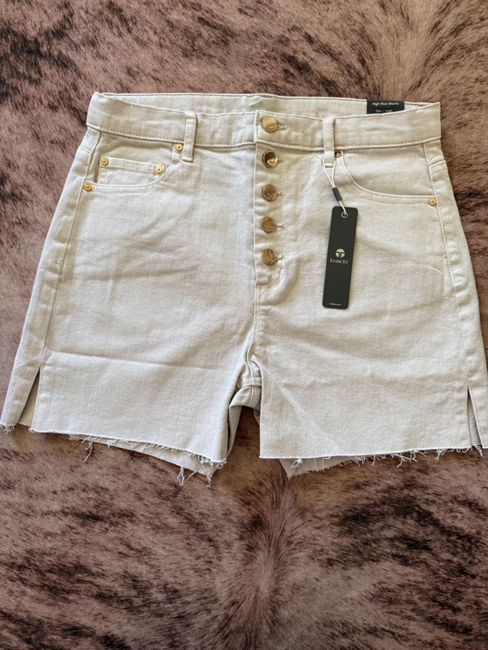 Tractr Cream High-Rise Button Fly Denim Shorts